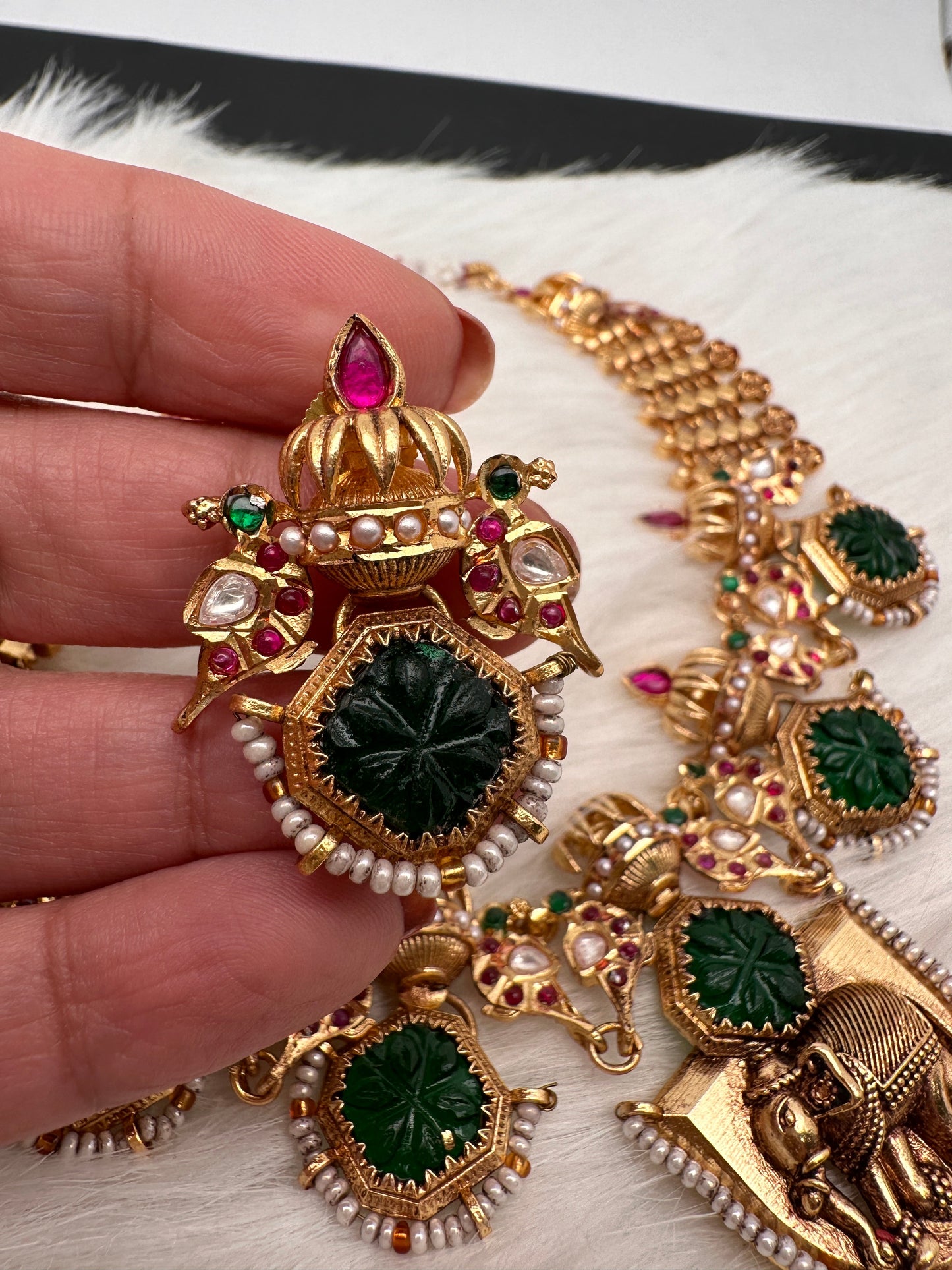 Elephant Nakshi Green Jadau Kundan Statement Neckline Necklace