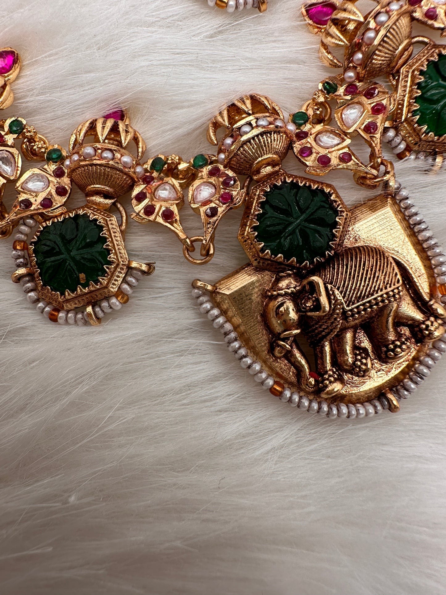 Elephant Nakshi Green Jadau Kundan Statement Neckline Necklace