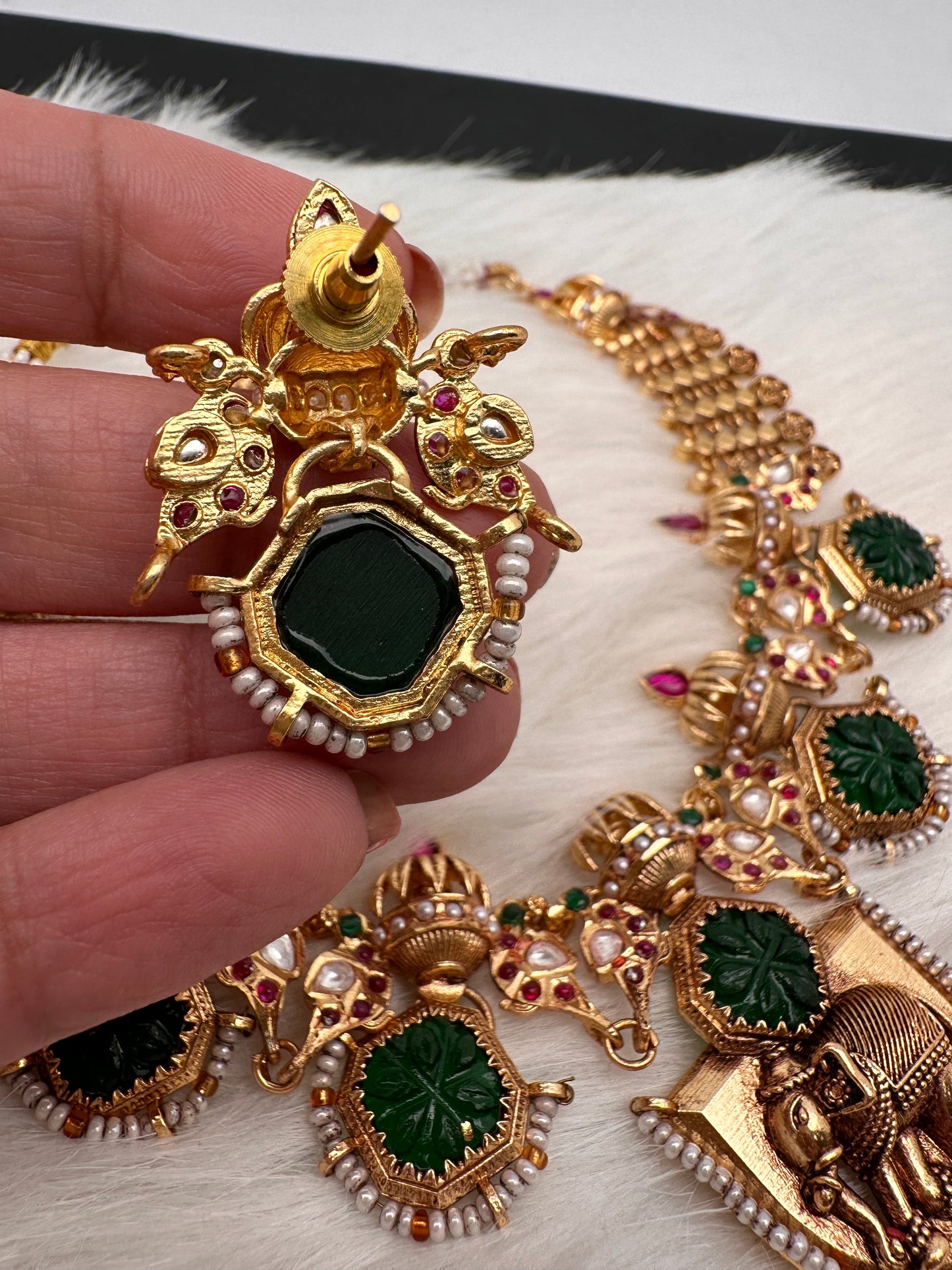 Elephant Nakshi Green Jadau Kundan Statement Neckline Necklace