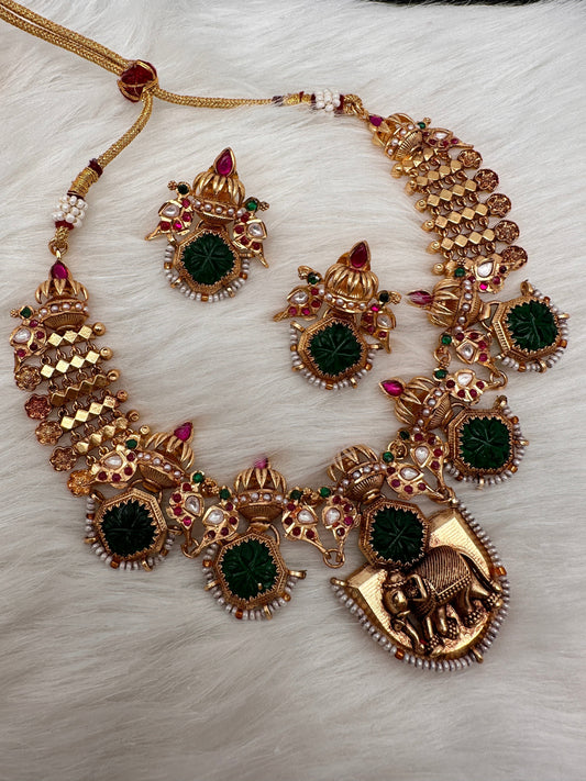 Elephant Nakshi Green Jadau Kundan Statement Neckline Necklace