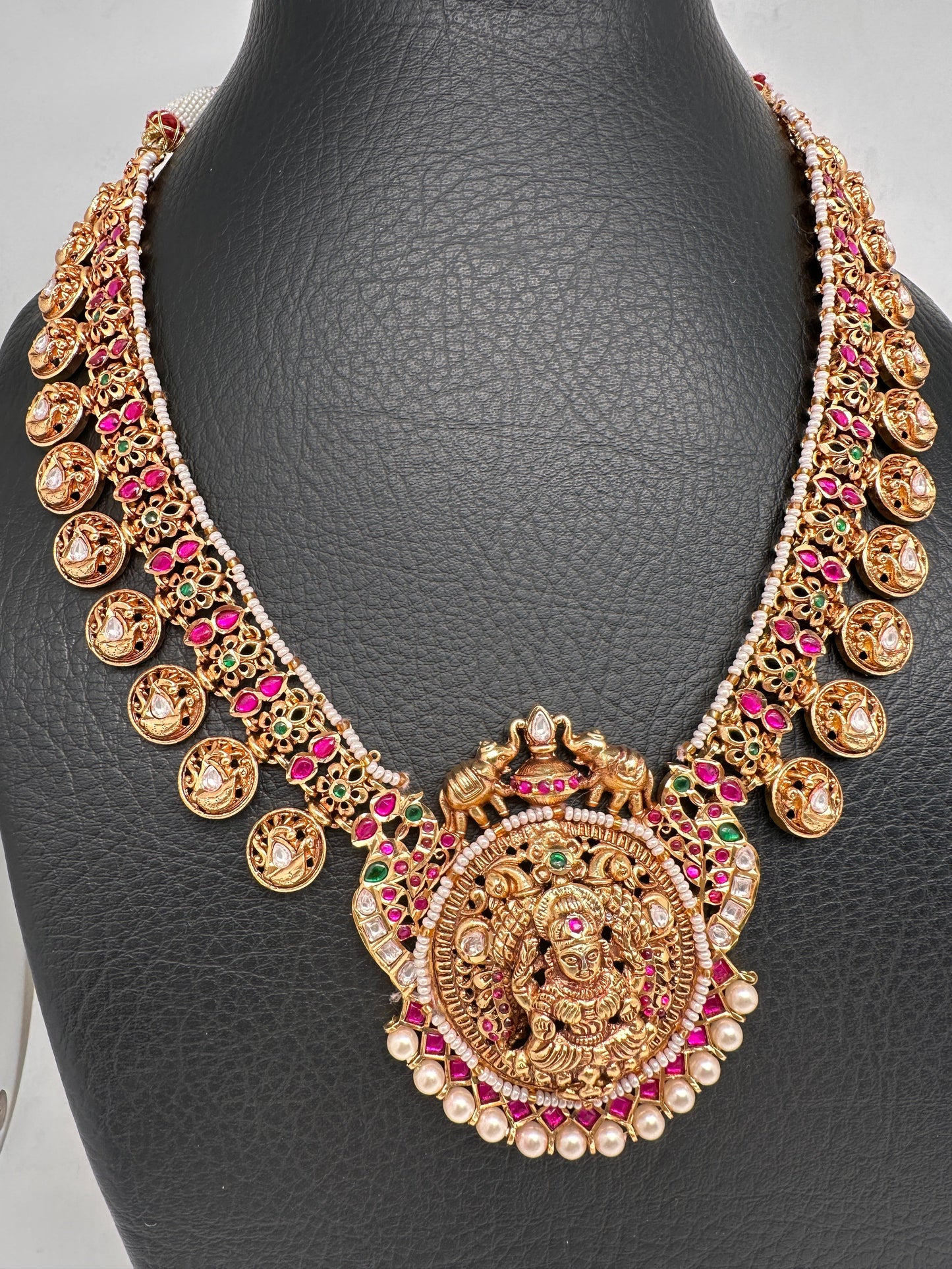 Goddess Lakshmi Elephant Nakshi Red Green Jadau Kundan Necklace