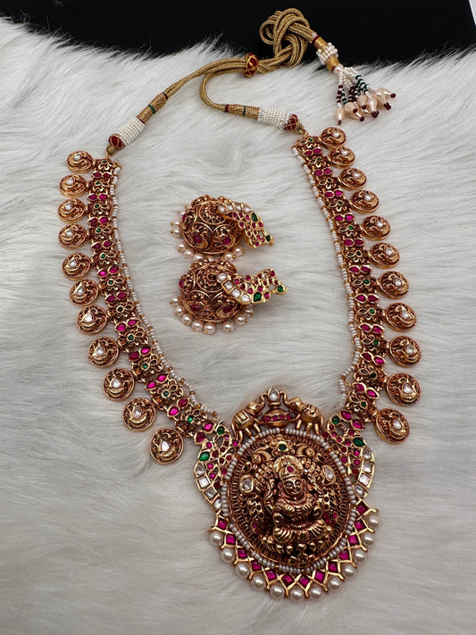 Goddess Lakshmi Elephant Nakshi Red Green Jadau Kundan Necklace