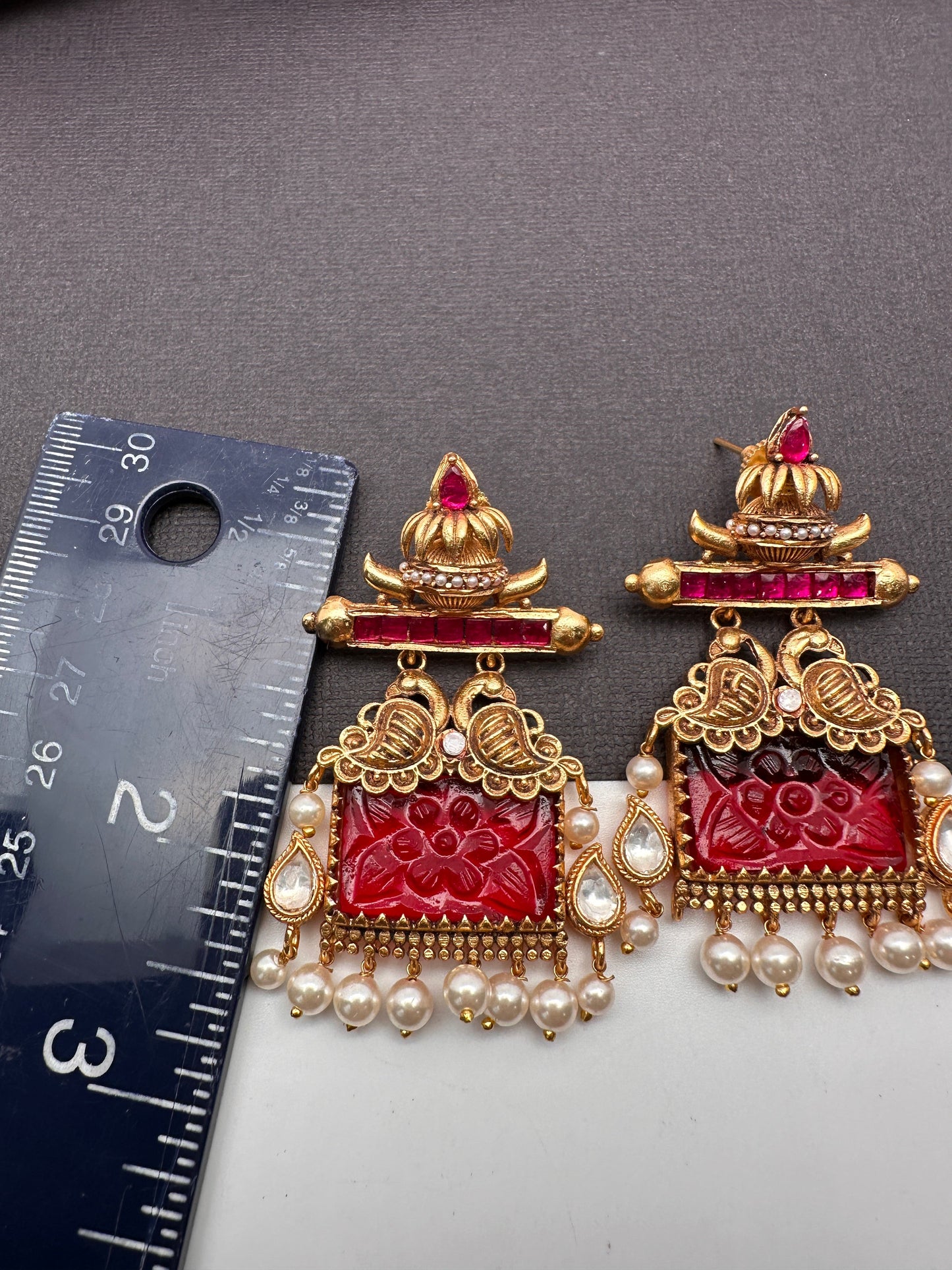 Red Jadau Kundan Red Carved Stone Earrings
