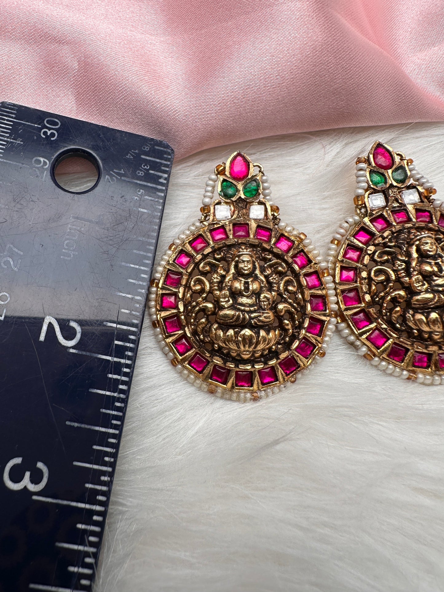 Goddess Lakshmi Nakshi Red Green Jadau Kundan Earrings