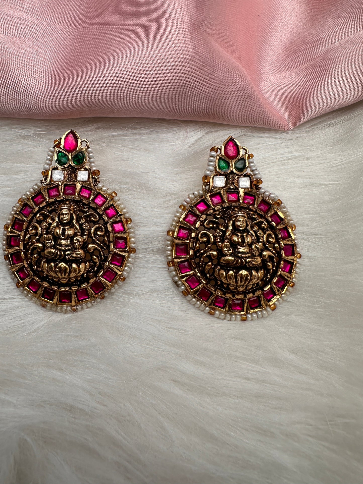 Goddess Lakshmi Nakshi Red Green Jadau Kundan Earrings