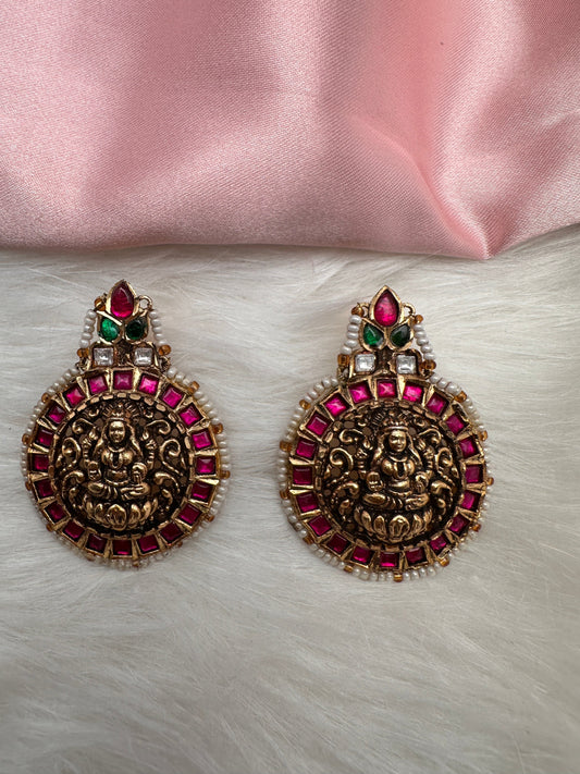 Goddess Lakshmi Nakshi Red Green Jadau Kundan Earrings