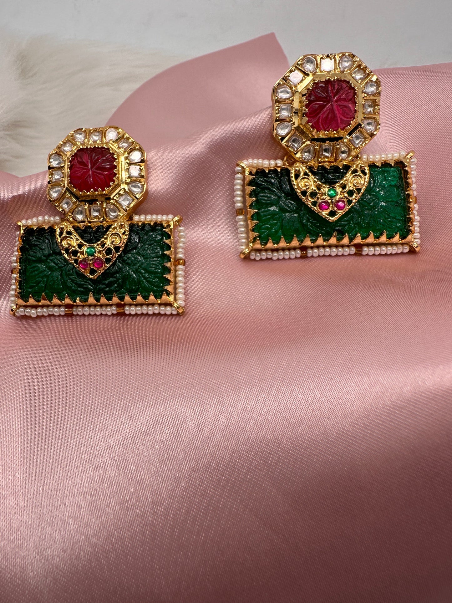Red Green Carved Stone Jadau Kundan Earrings