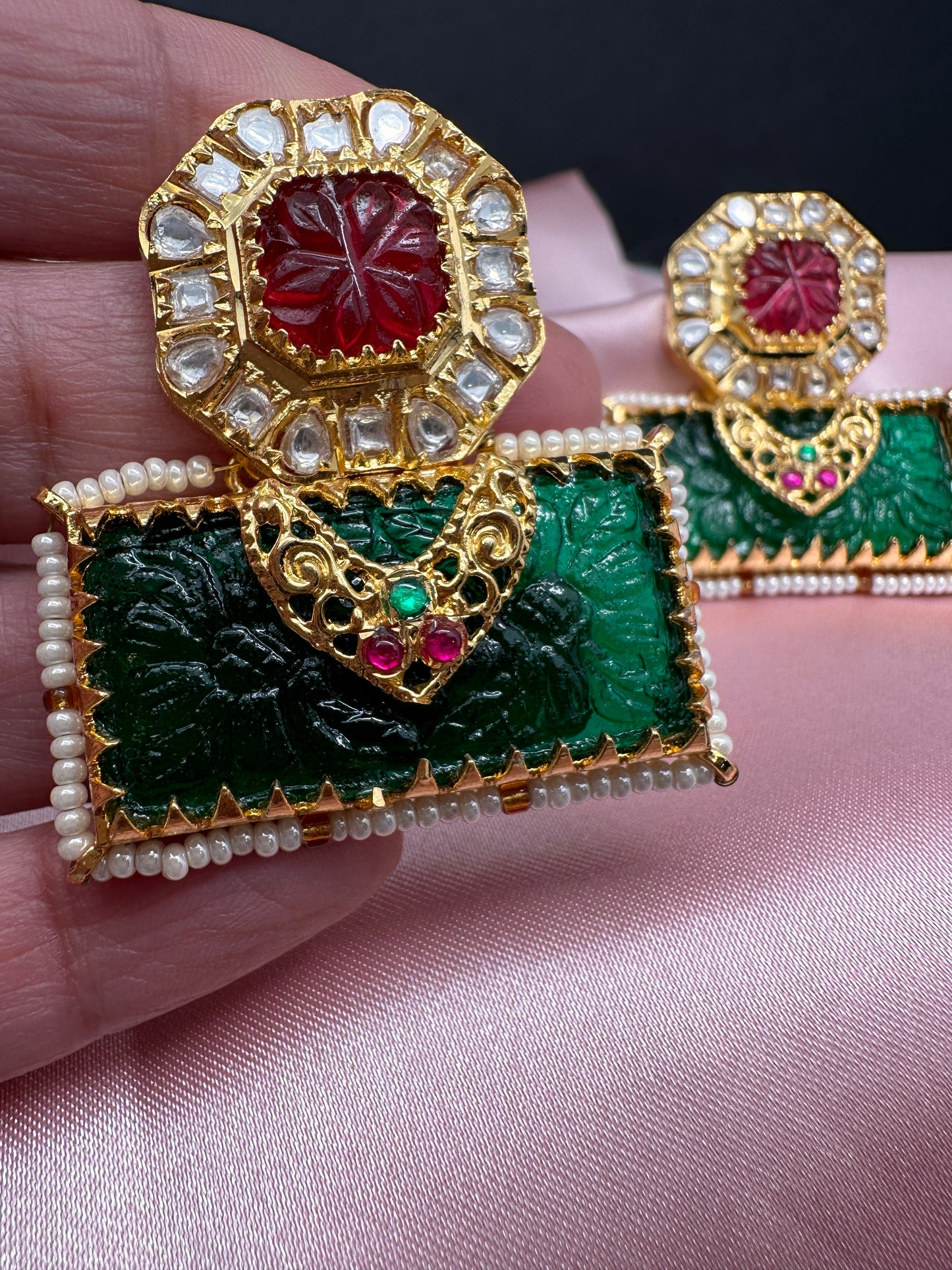 Red Green Carved Stone Jadau Kundan Earrings
