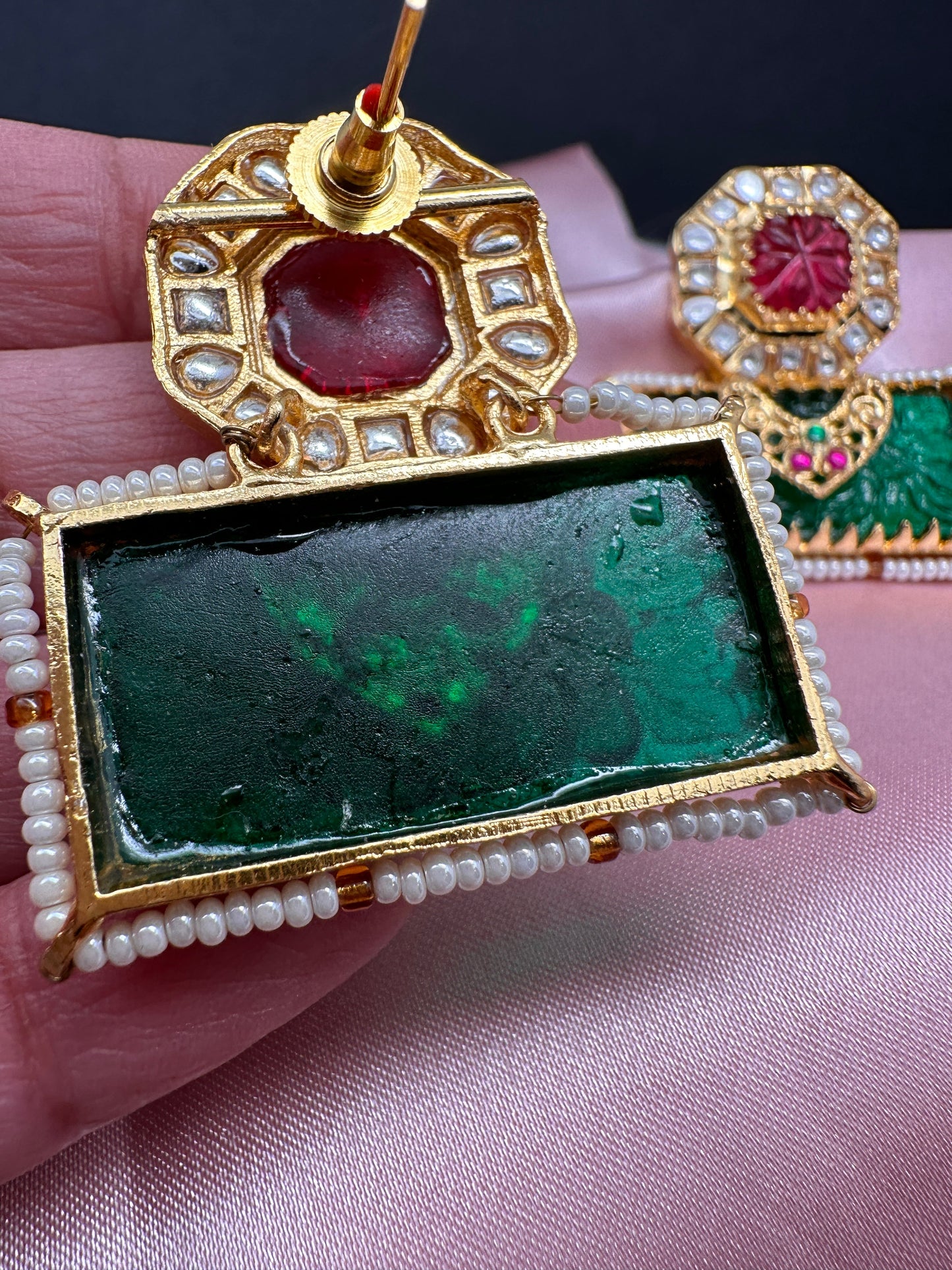 Red Green Carved Stone Jadau Kundan Earrings