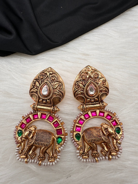 Elephant Nakshi Red Green Jadau Kundan Earrings