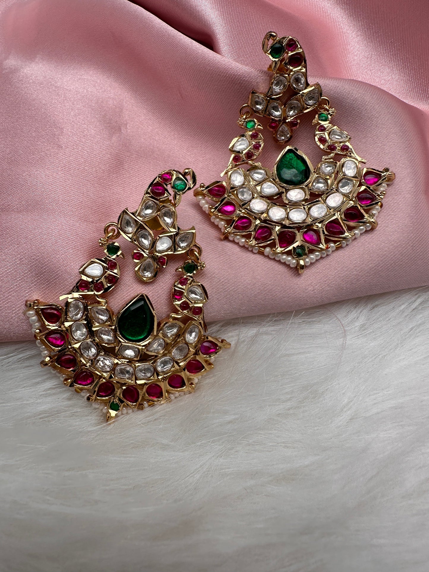 Red Green Jadau Kundan Chandbali Earrings