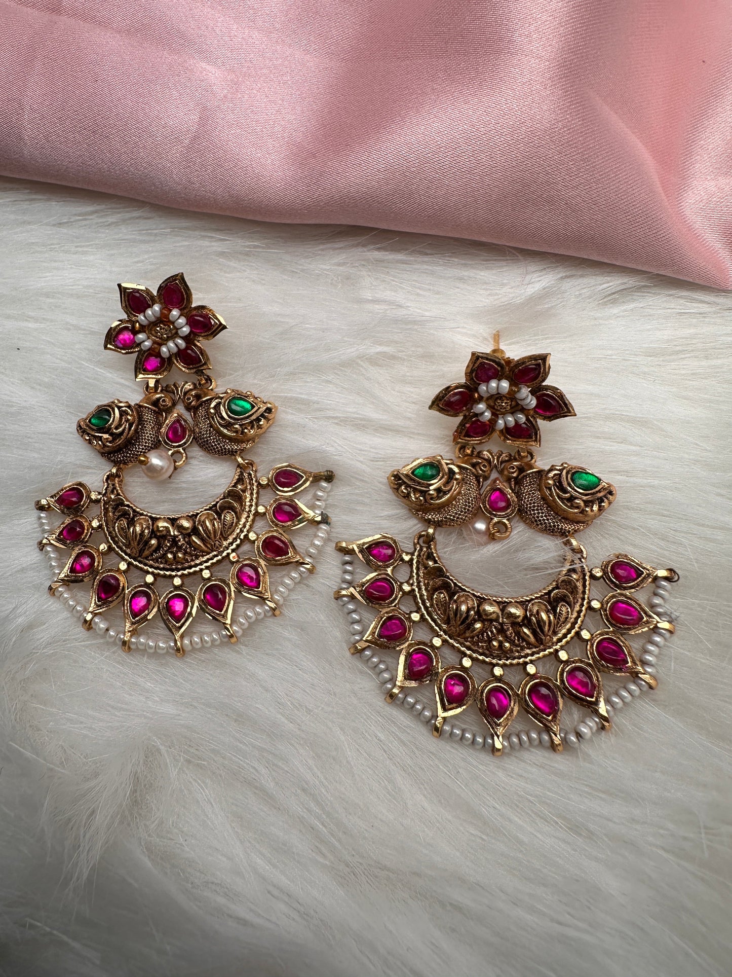 Peacock Red Green Jadau Kundan Chandbali Earrings