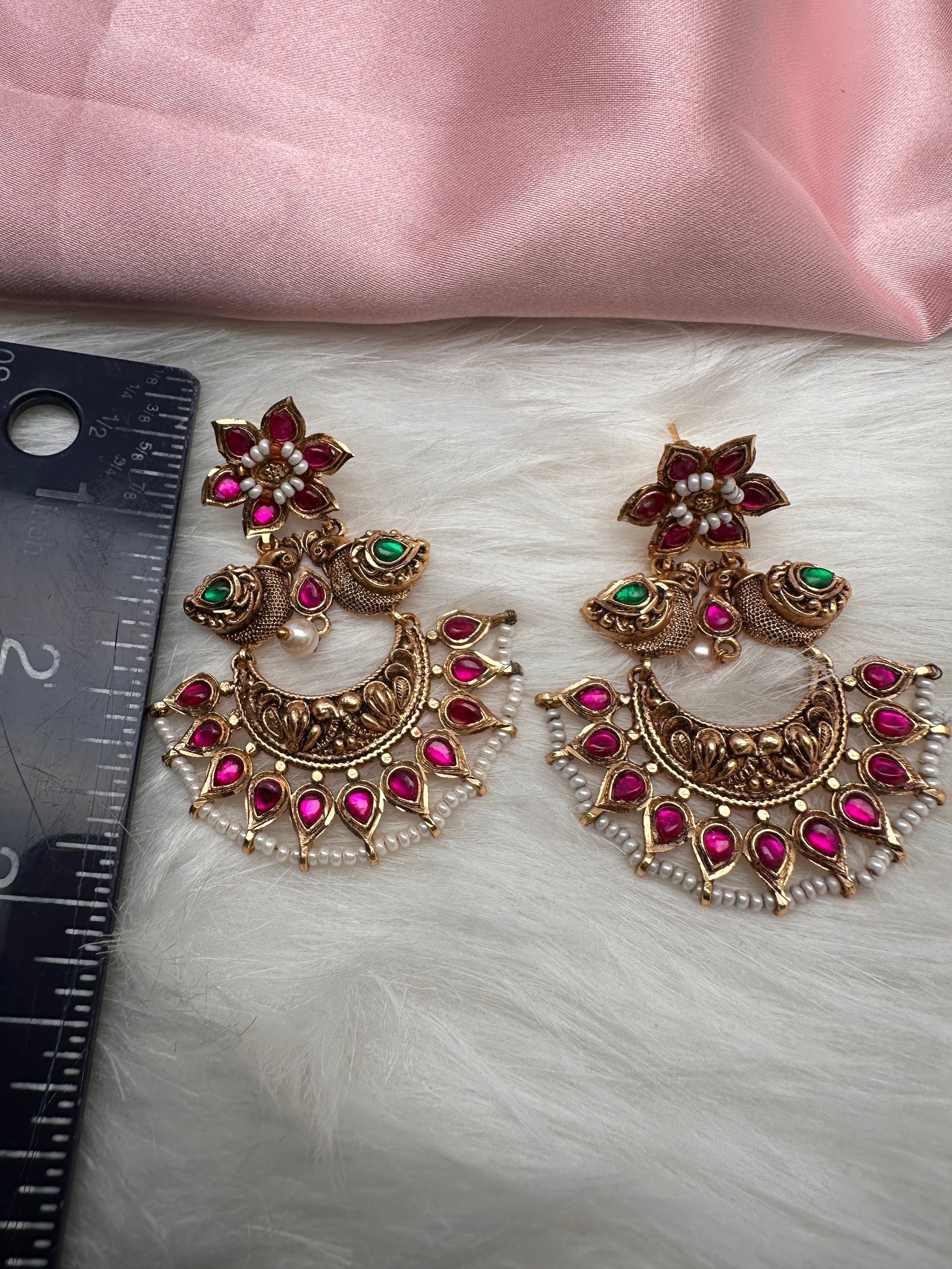 Peacock Red Green Jadau Kundan Chandbali Earrings