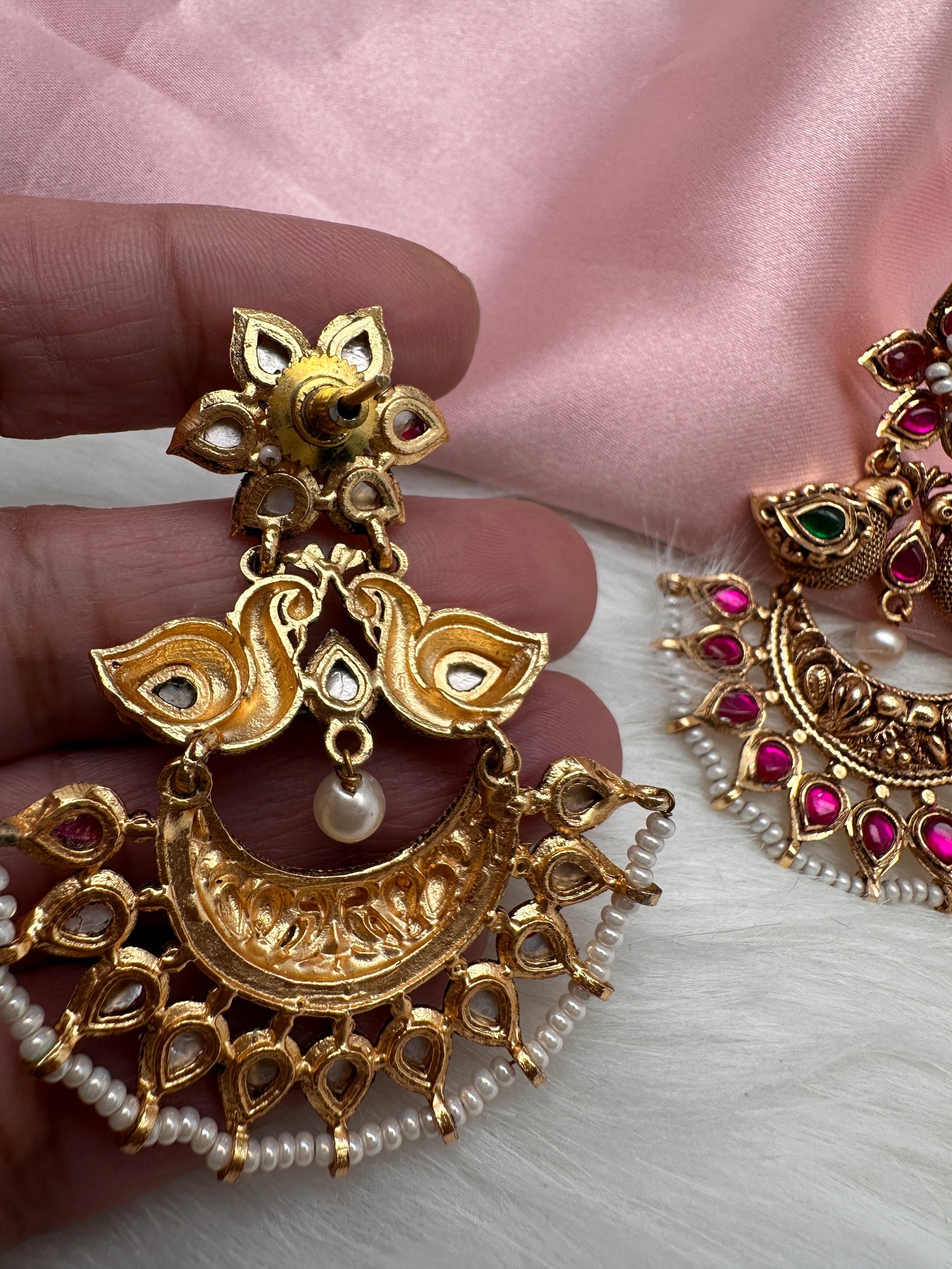 Peacock Red Green Jadau Kundan Chandbali Earrings