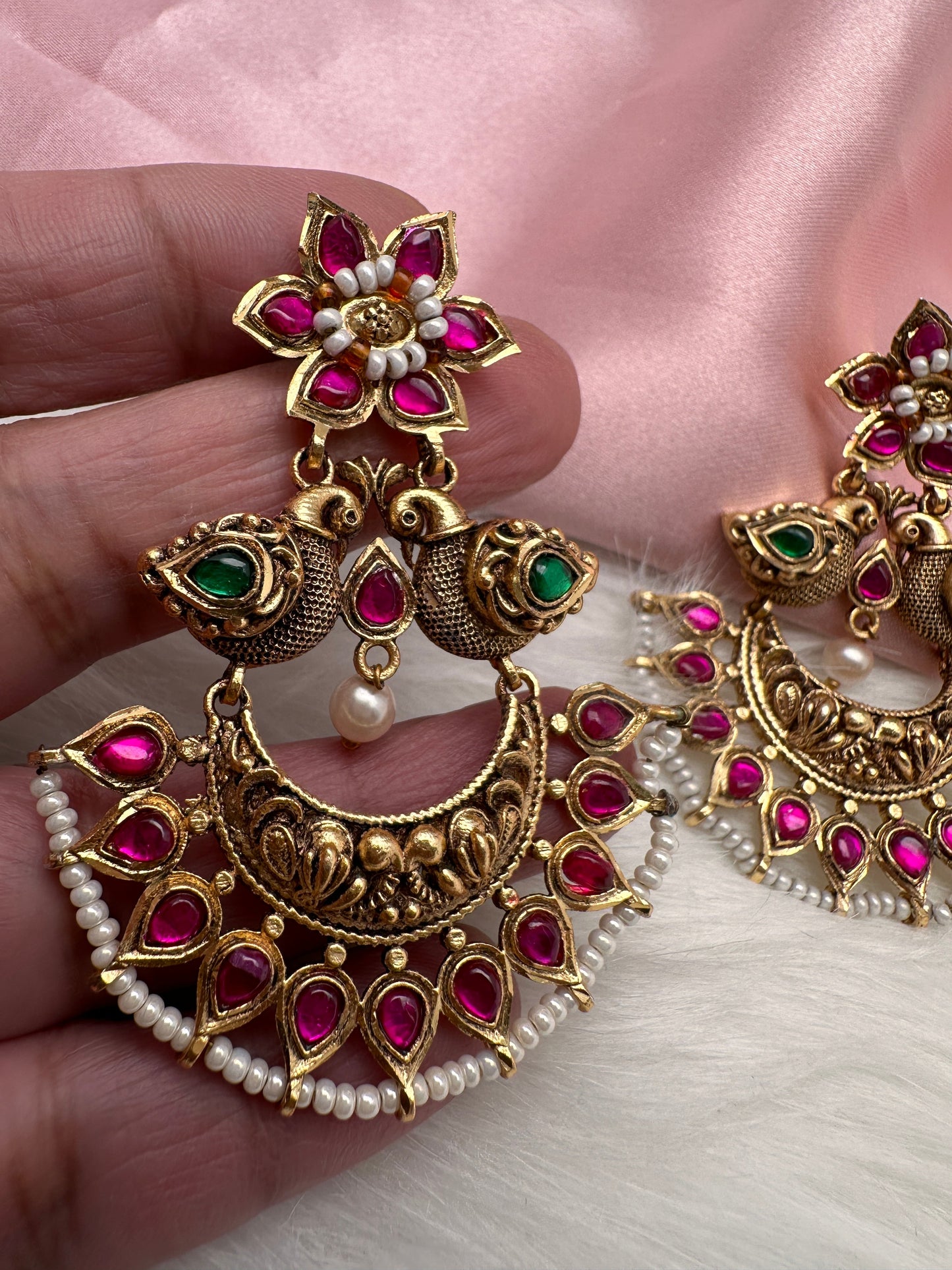 Peacock Red Green Jadau Kundan Chandbali Earrings