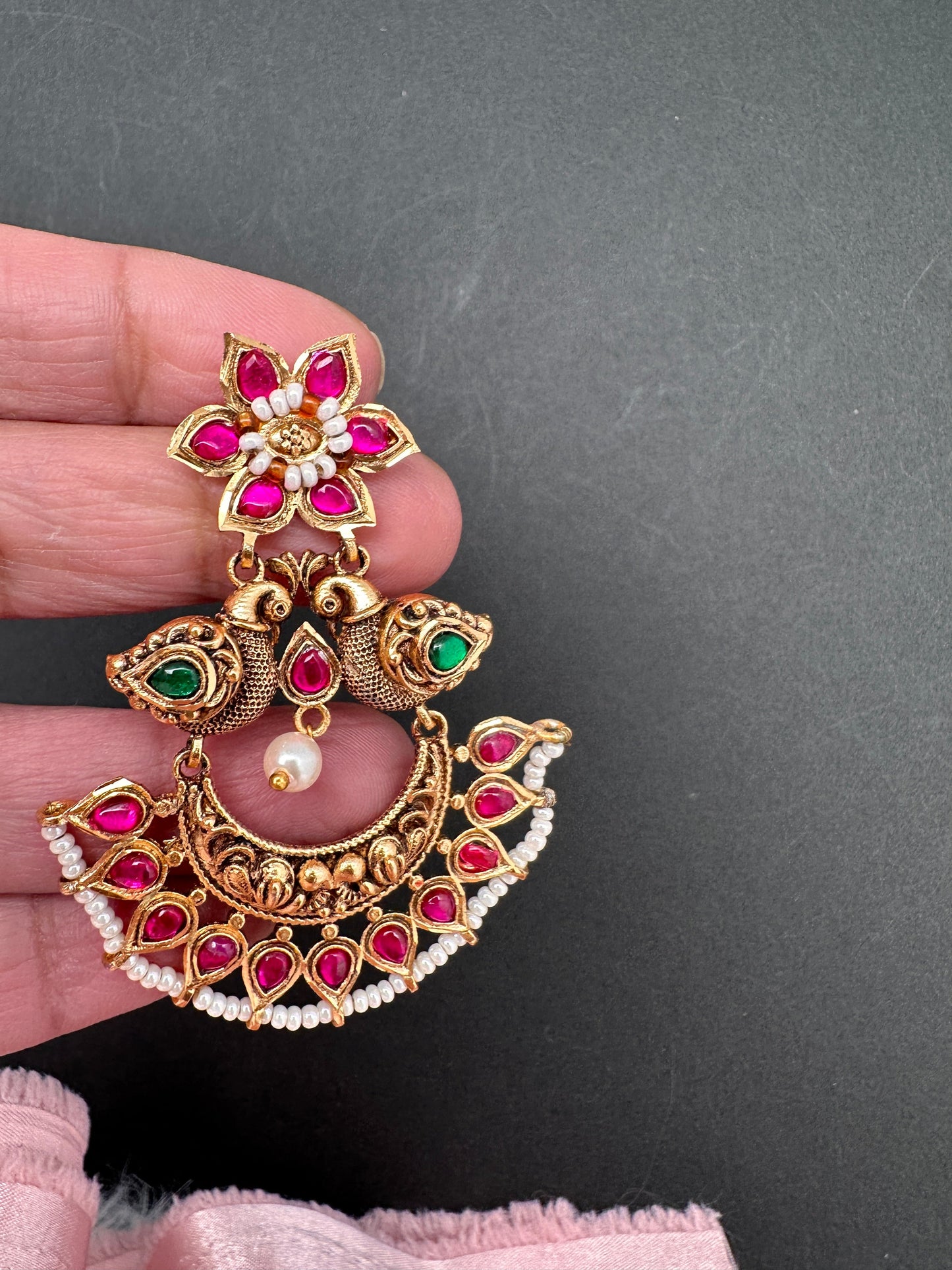 Peacock Red Green Jadau Kundan Chandbali Earrings