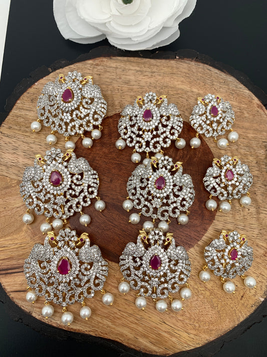 Diamond Finish CZ Red Stone Peacock Jada Billa Hair Pin Set