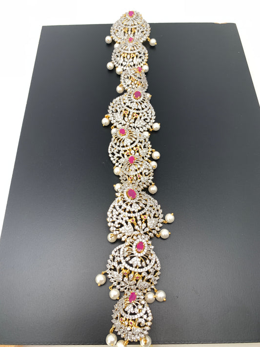 Diamond Finish CZ Red Stone Peacock Jada Billa Hair Pin Set