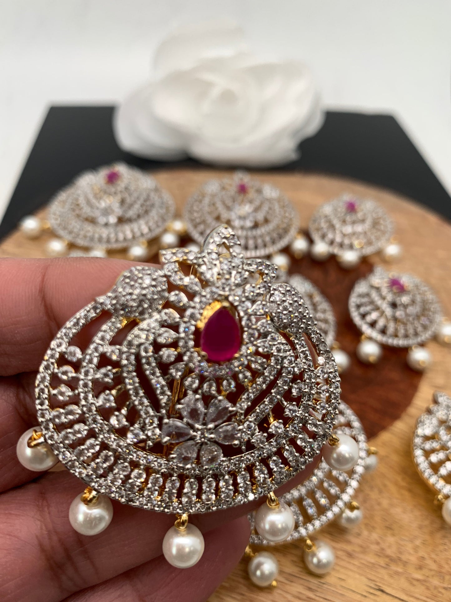 Diamond Finish CZ Red Stone Jada Billa Hair Pin Set