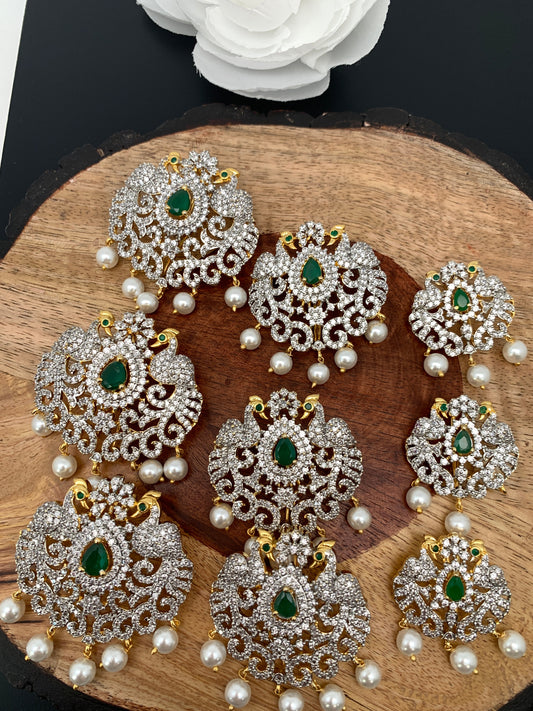 Diamond Finish CZ Green Stone Peacock Jada Billa Hair Pin Set