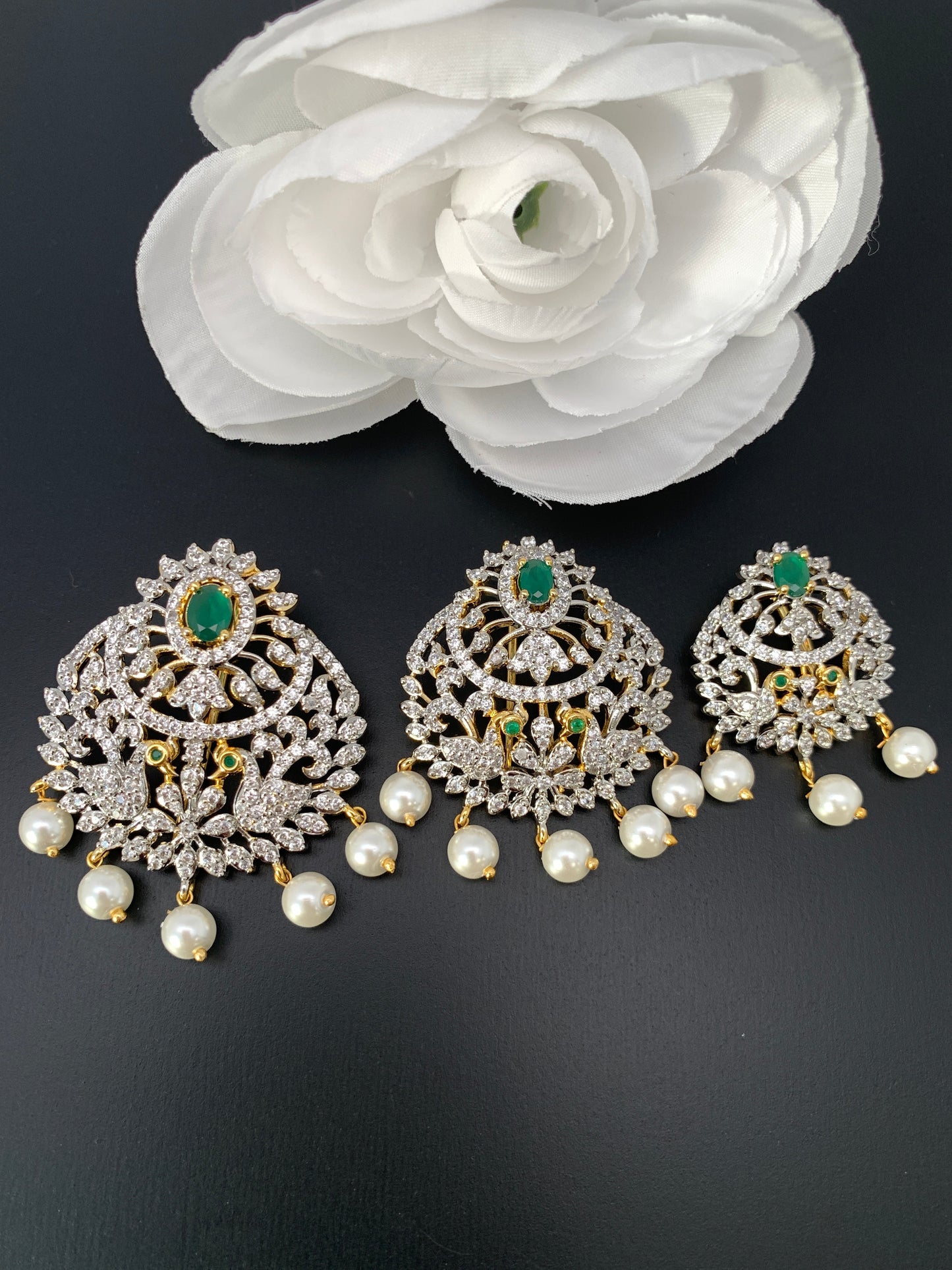 Diamond Finish CZ Green Stone Peacock Jada Billa Hair Pin Set