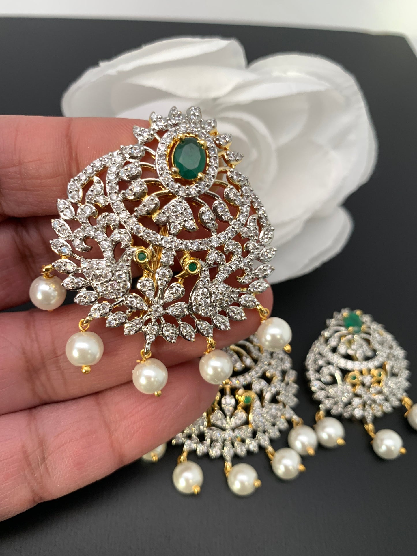 Diamond Finish CZ Green Stone Peacock Jada Billa Hair Pin Set