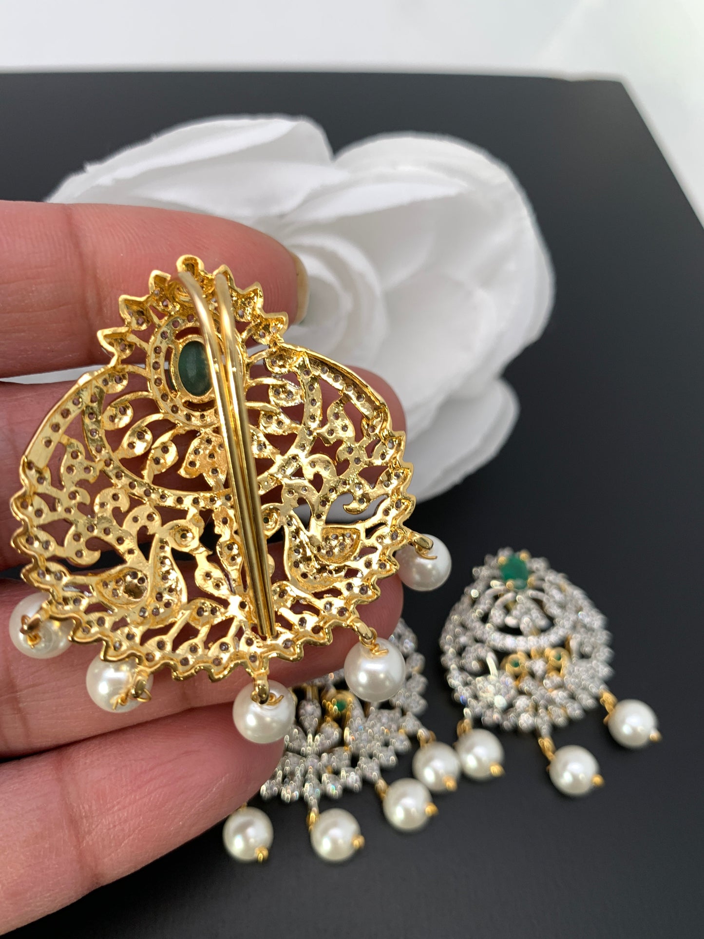 Diamond Finish CZ Green Stone Peacock Jada Billa Hair Pin Set