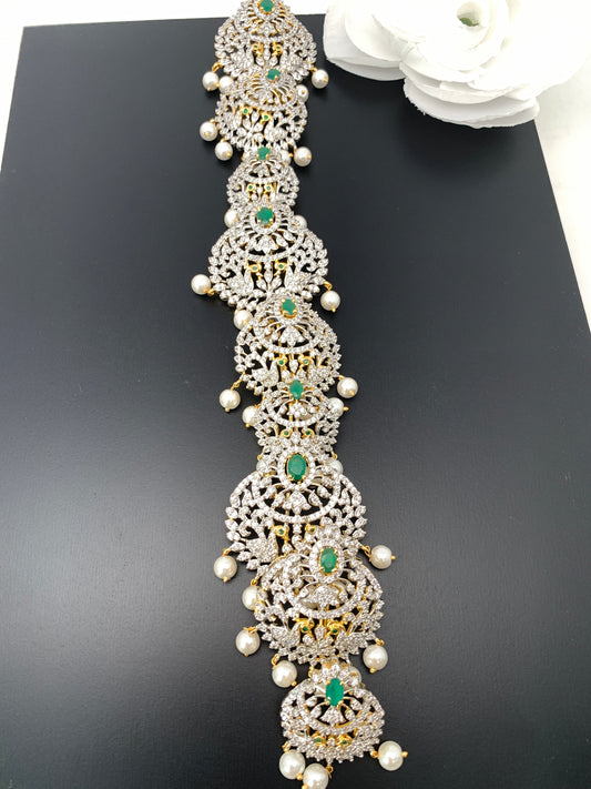 Diamond Finish CZ Green Stone Peacock Jada Billa Hair Pin Set