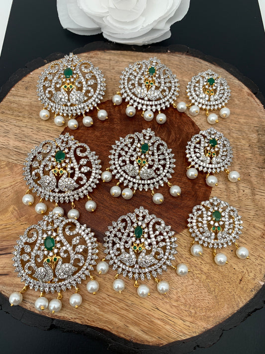Diamond Finish CZ Green Stone Peacock Jada Billa Hair Pin Set