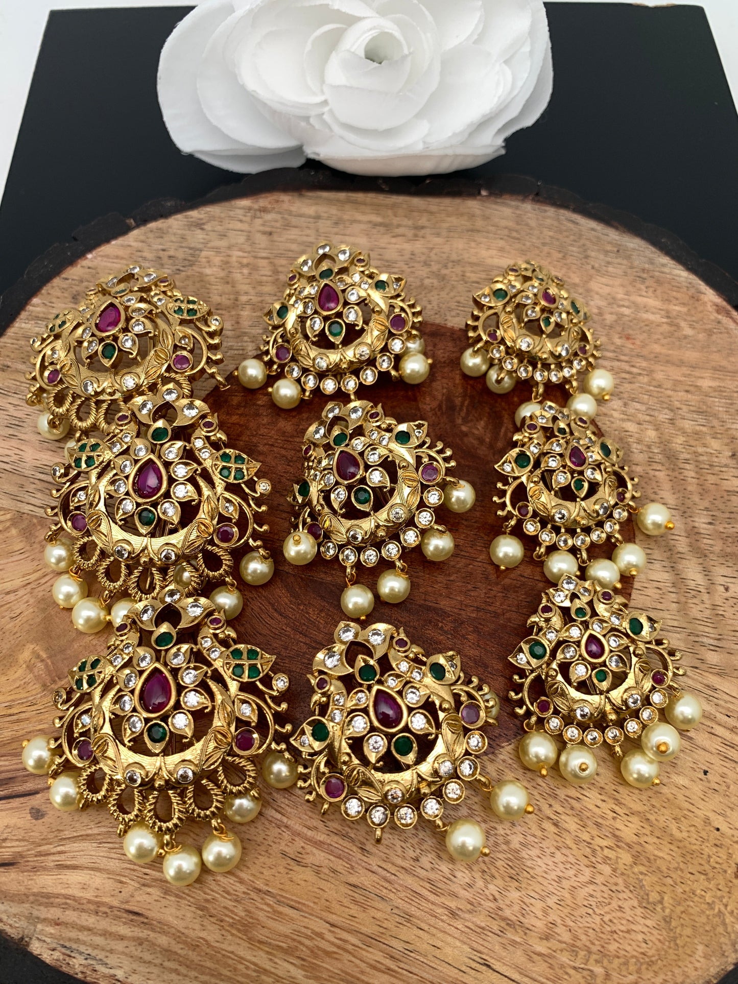 Matte Finish CZ Red Green Stone Jada Billa Hair Pin Set