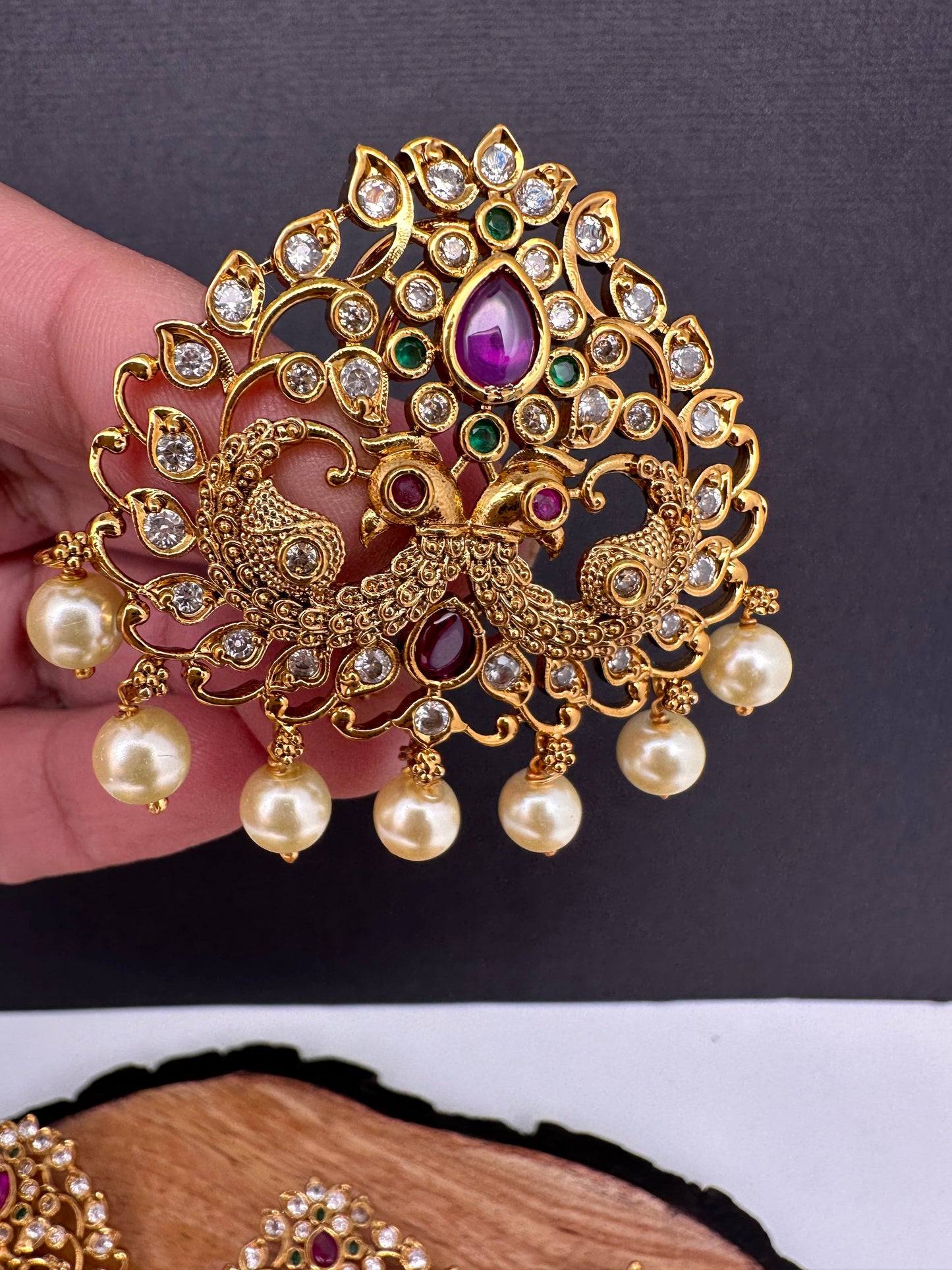 Matte Finish Peacock CZ Red Green Stone Jada Billa Hair Pin Set