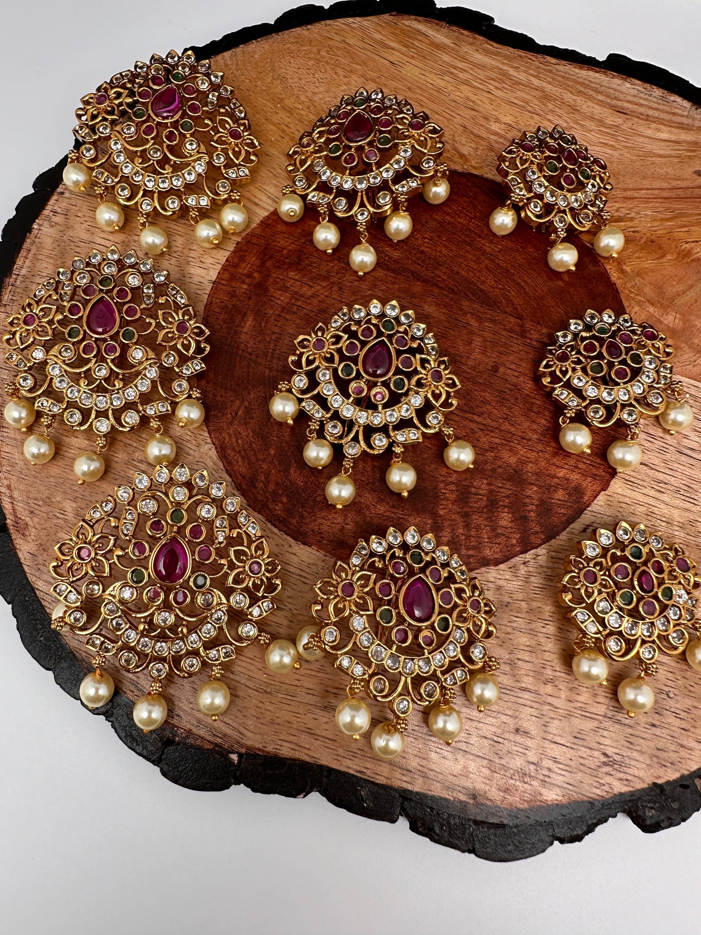 Matte Finish CZ Red Green Stone Jada Billa Hair Pin Set