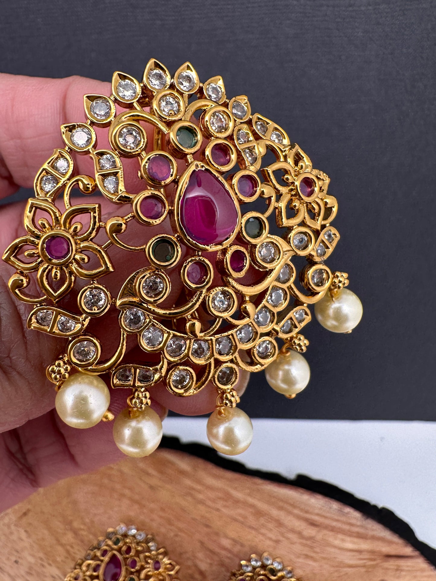 Matte Finish CZ Red Green Stone Jada Billa Hair Pin Set
