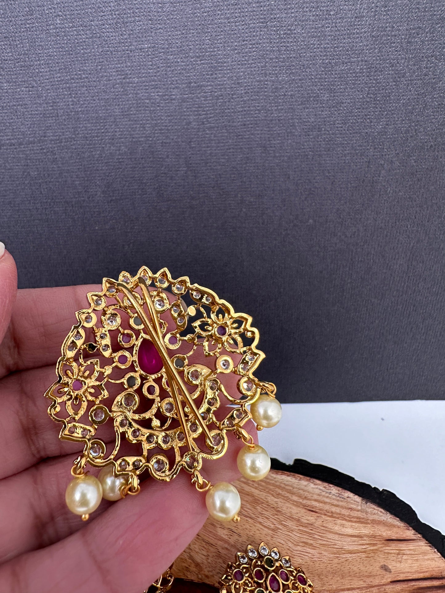 Matte Finish CZ Red Green Stone Jada Billa Hair Pin Set