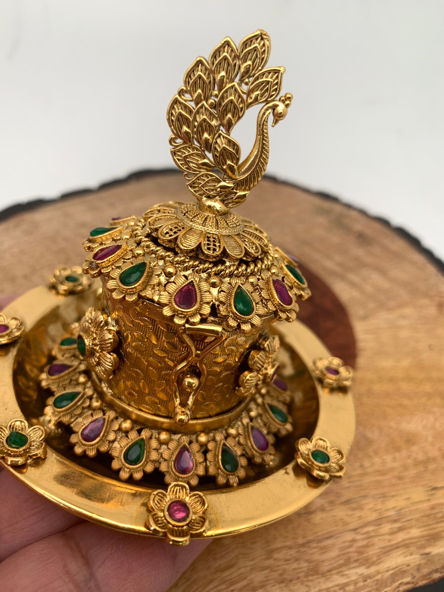 Red Green Multi Stone Matte Finish Kumkum Bharani Plate