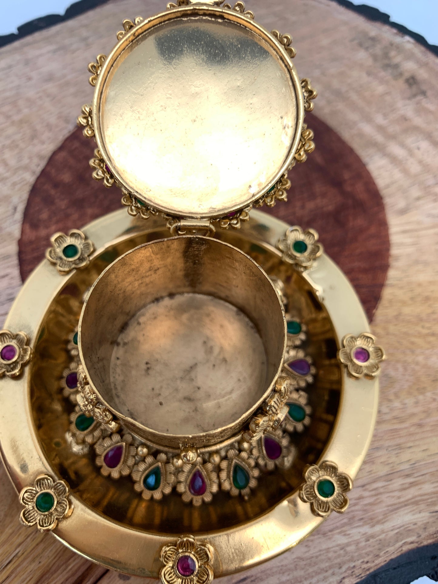 Red Green Multi Stone Matte Finish Kumkum Bharani Plate