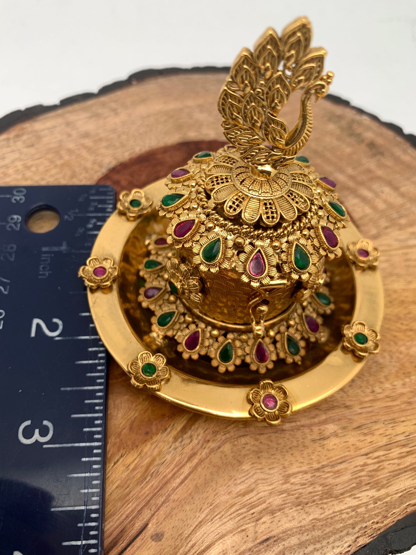 Red Green Multi Stone Matte Finish Kumkum Bharani Plate