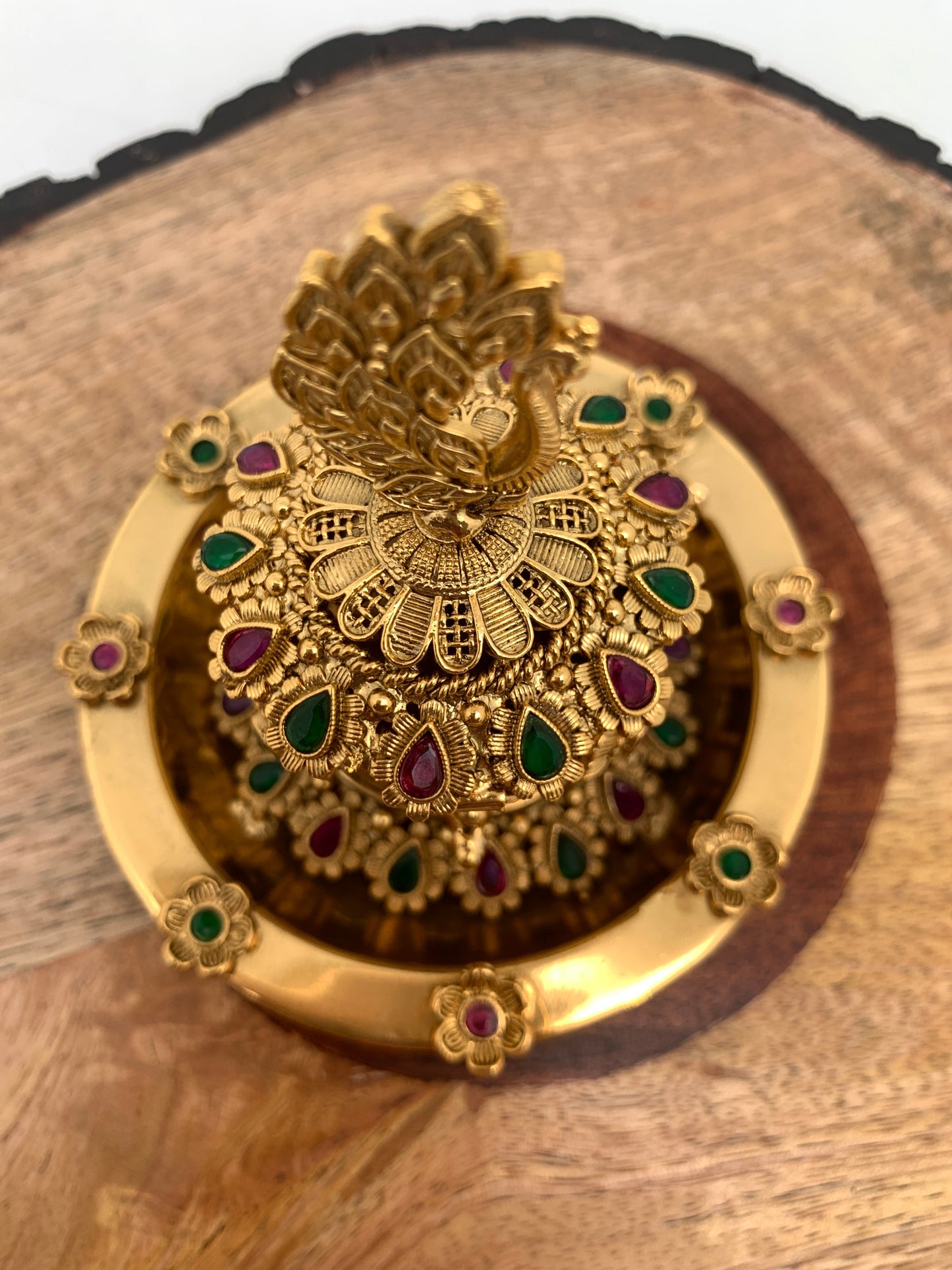 Red Green Multi Stone Matte Finish Kumkum Bharani Plate