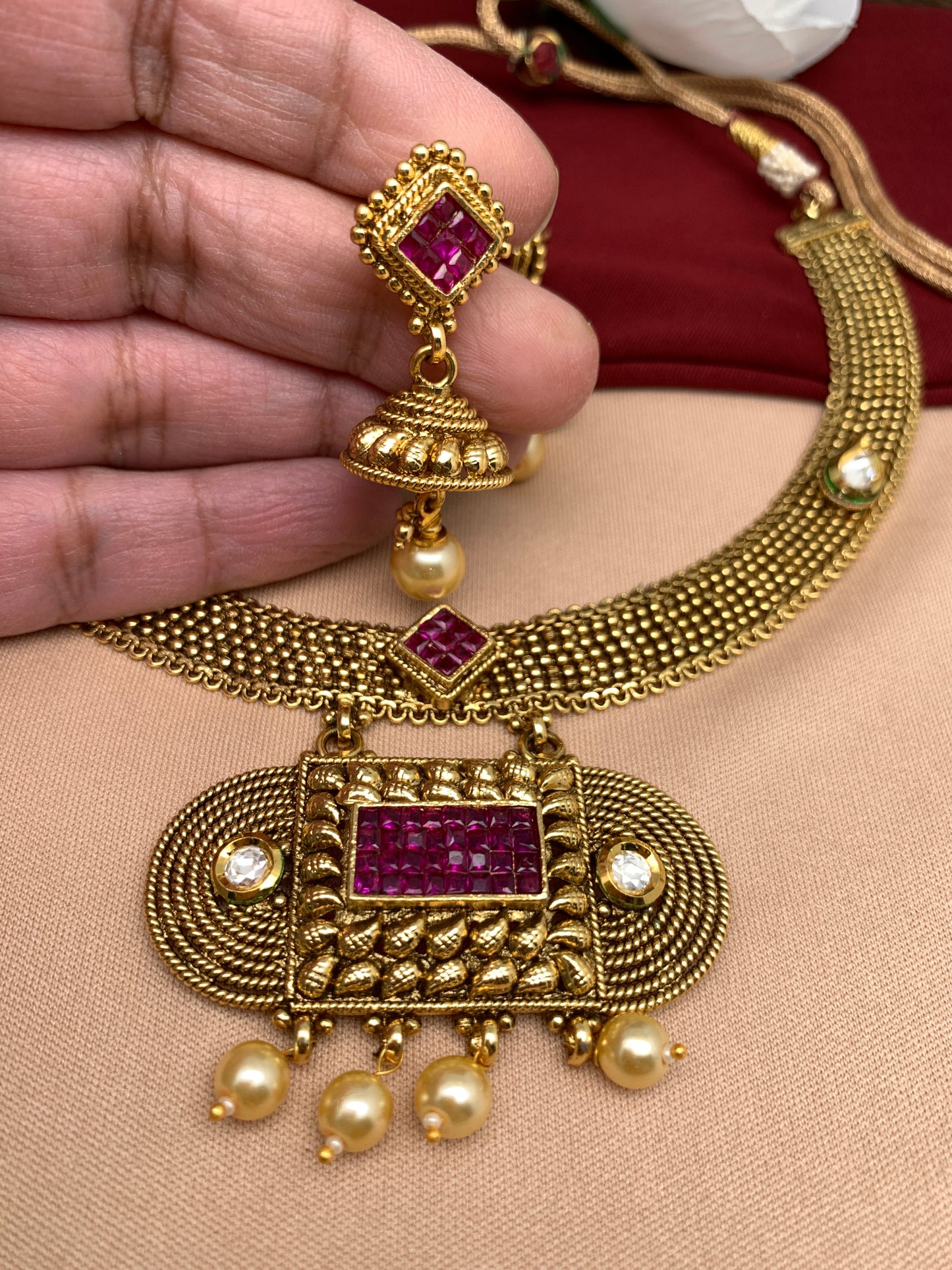 Antique Finish Kundan Red Hydro Beads wide chain Necklace