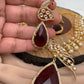 Peacock Pattern Wine Red Stone Pendent Kundan Pearls Short Necklace