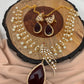 Peacock Pattern Wine Red Stone Pendent Kundan Pearls Short Necklace