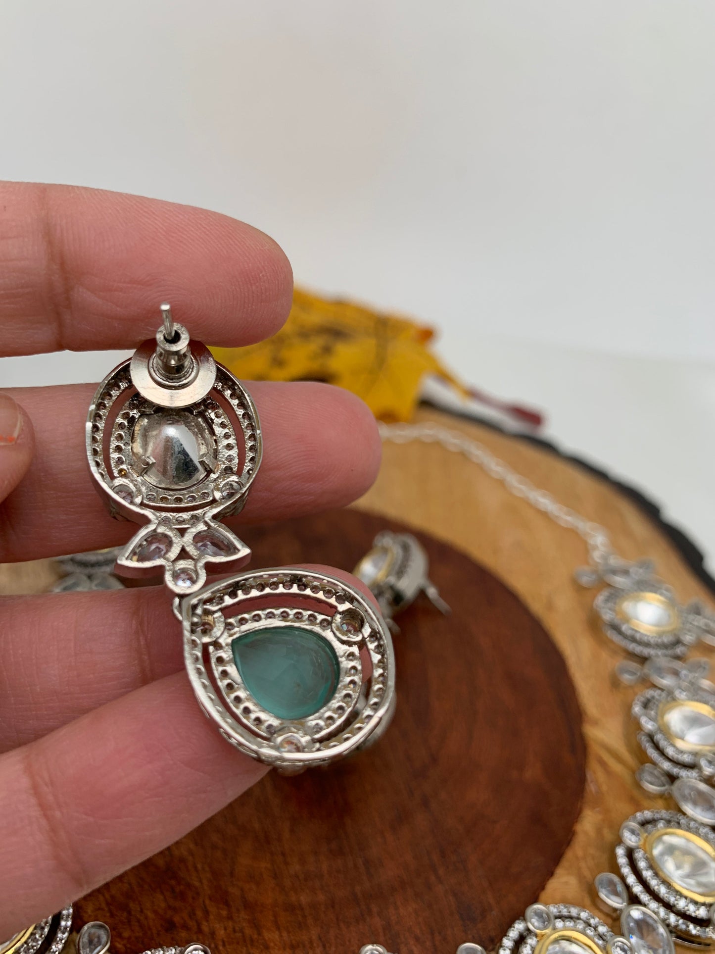 Kundan Moissanite Mint Green Stone Silver Finish Short Necklace