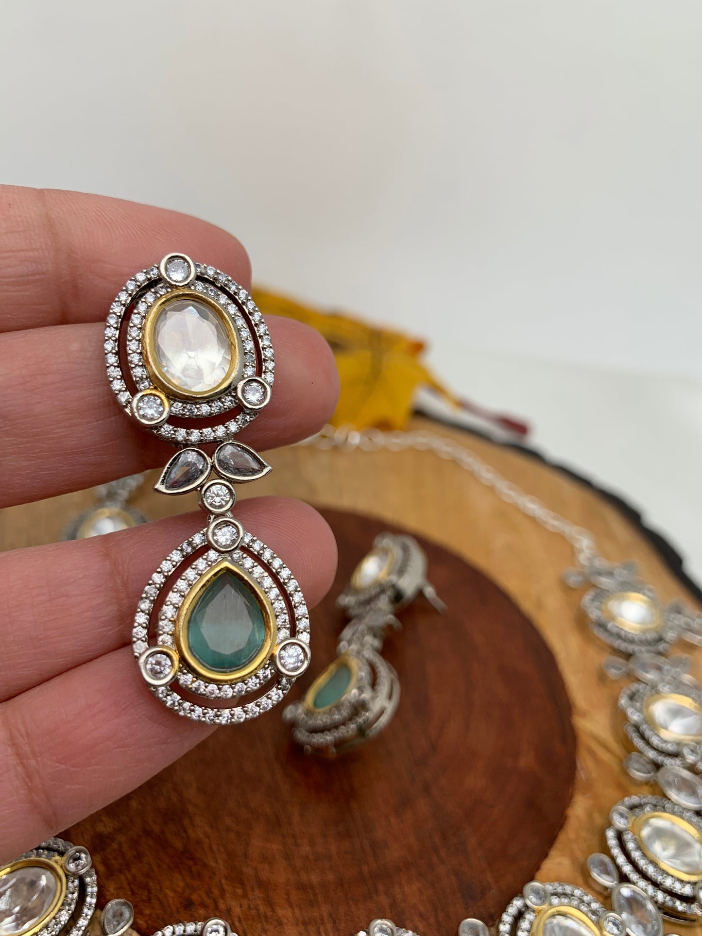Kundan Moissanite Mint Green Stone Silver Finish Short Necklace