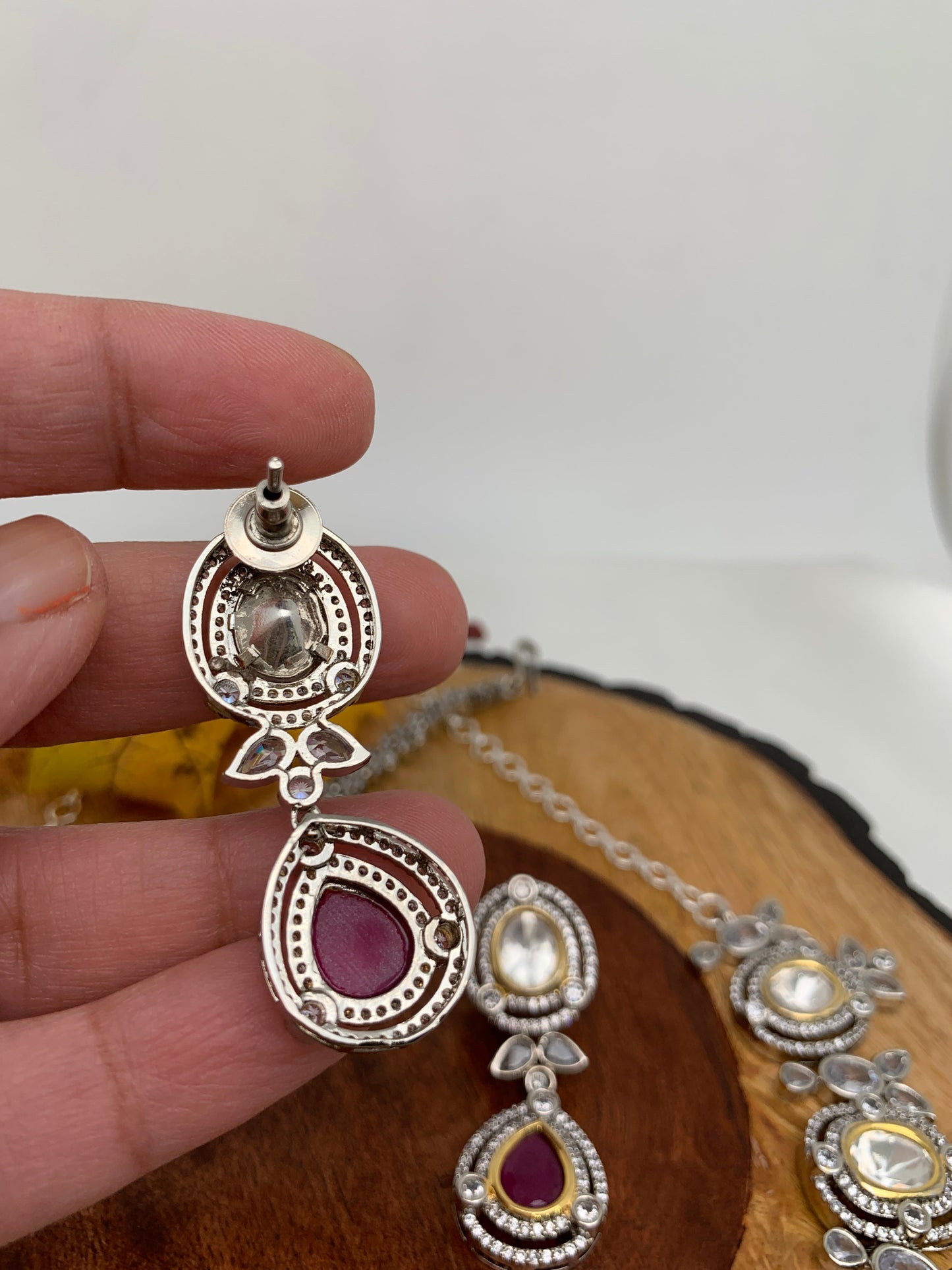 Kundan Moissanite Red Stone Silver Finish Short Necklace