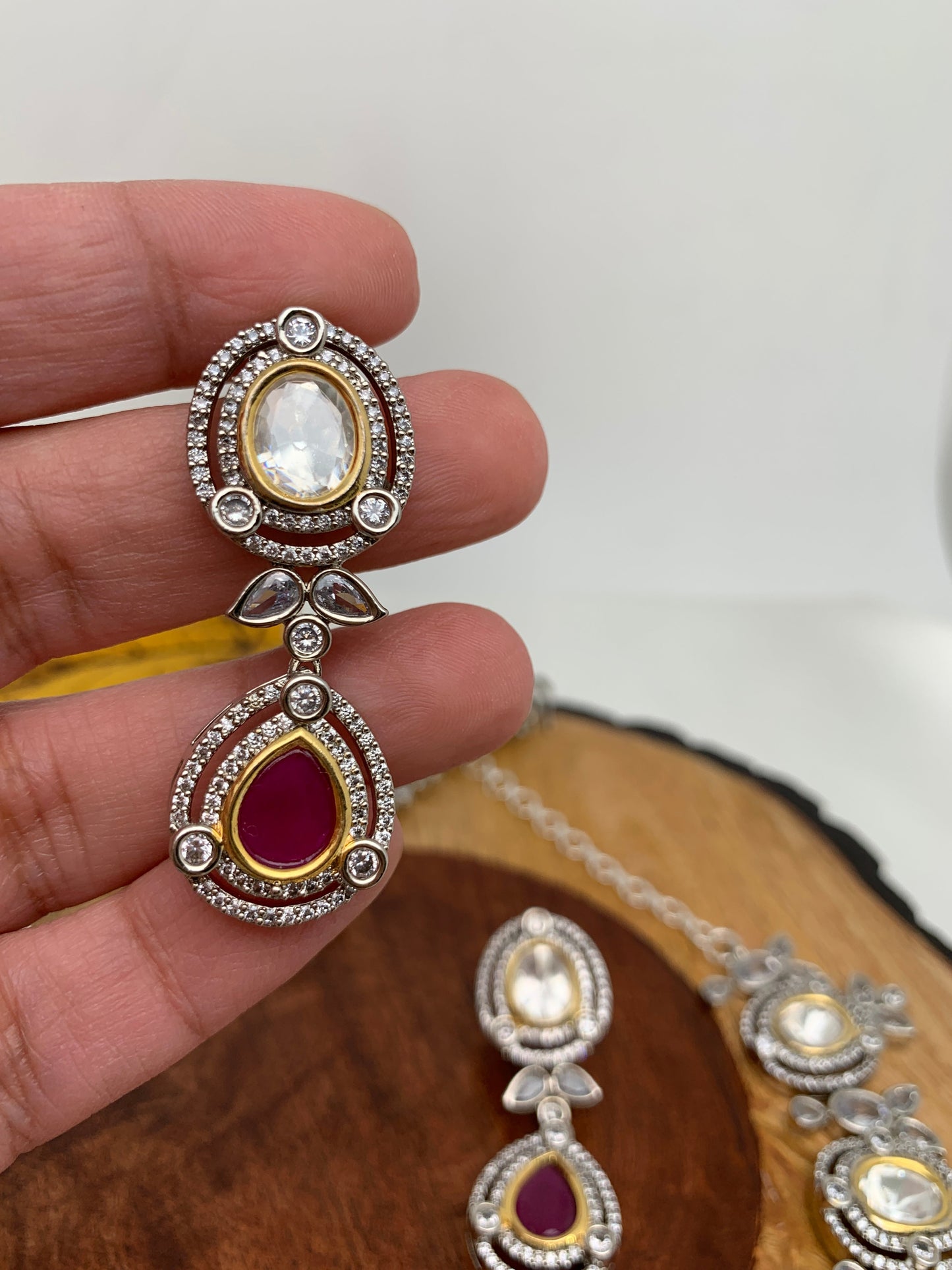 Kundan Moissanite Red Stone Silver Finish Short Necklace