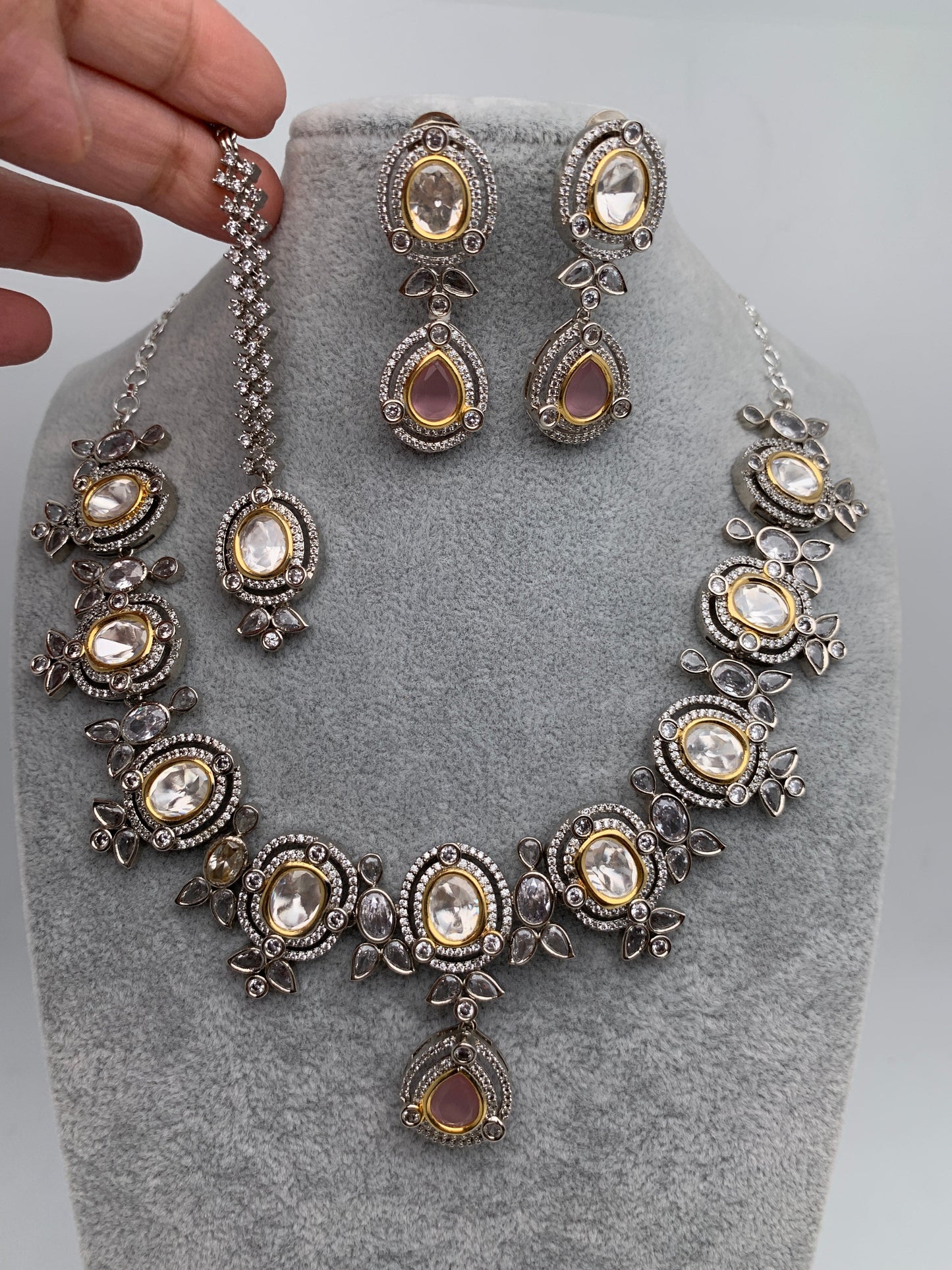 Kundan Moissanite Pink Stone Silver Finish Short Necklace