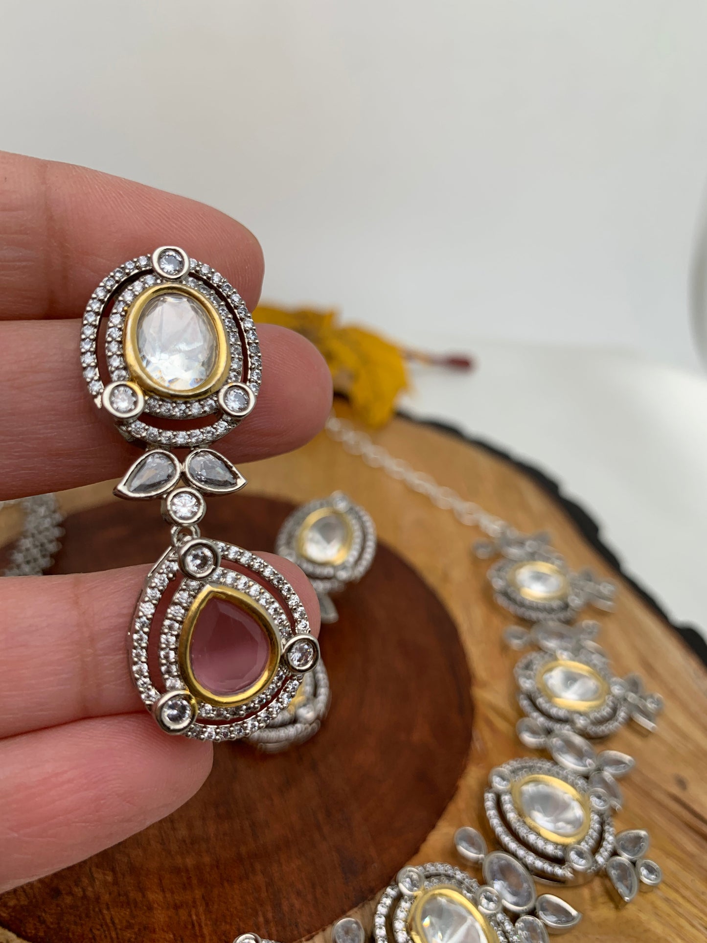 Kundan Moissanite Pink Stone Silver Finish Short Necklace