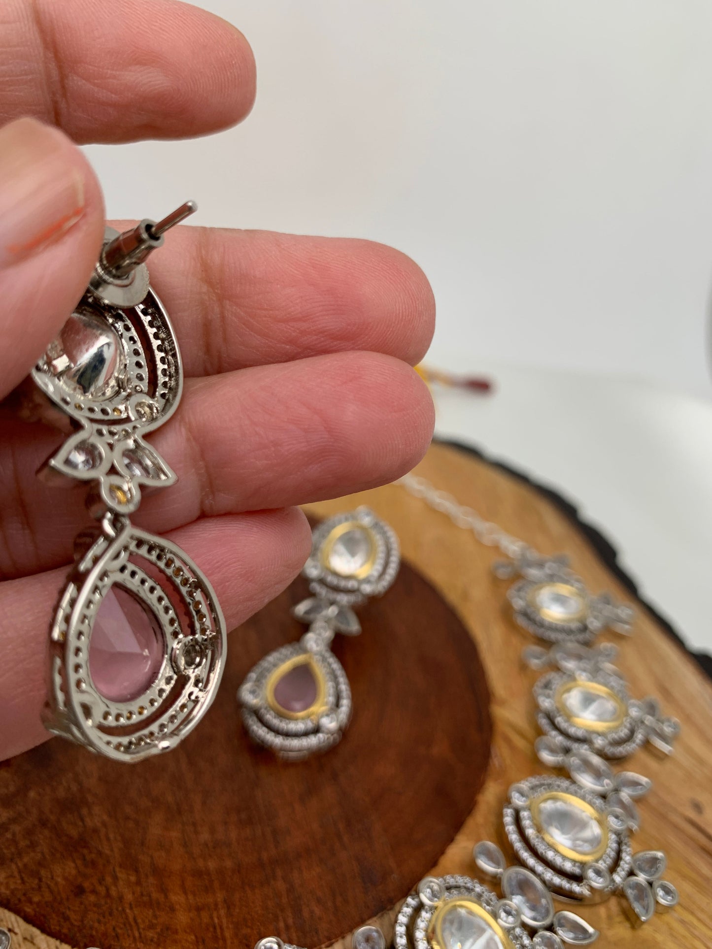 Kundan Moissanite Pink Stone Silver Finish Short Necklace