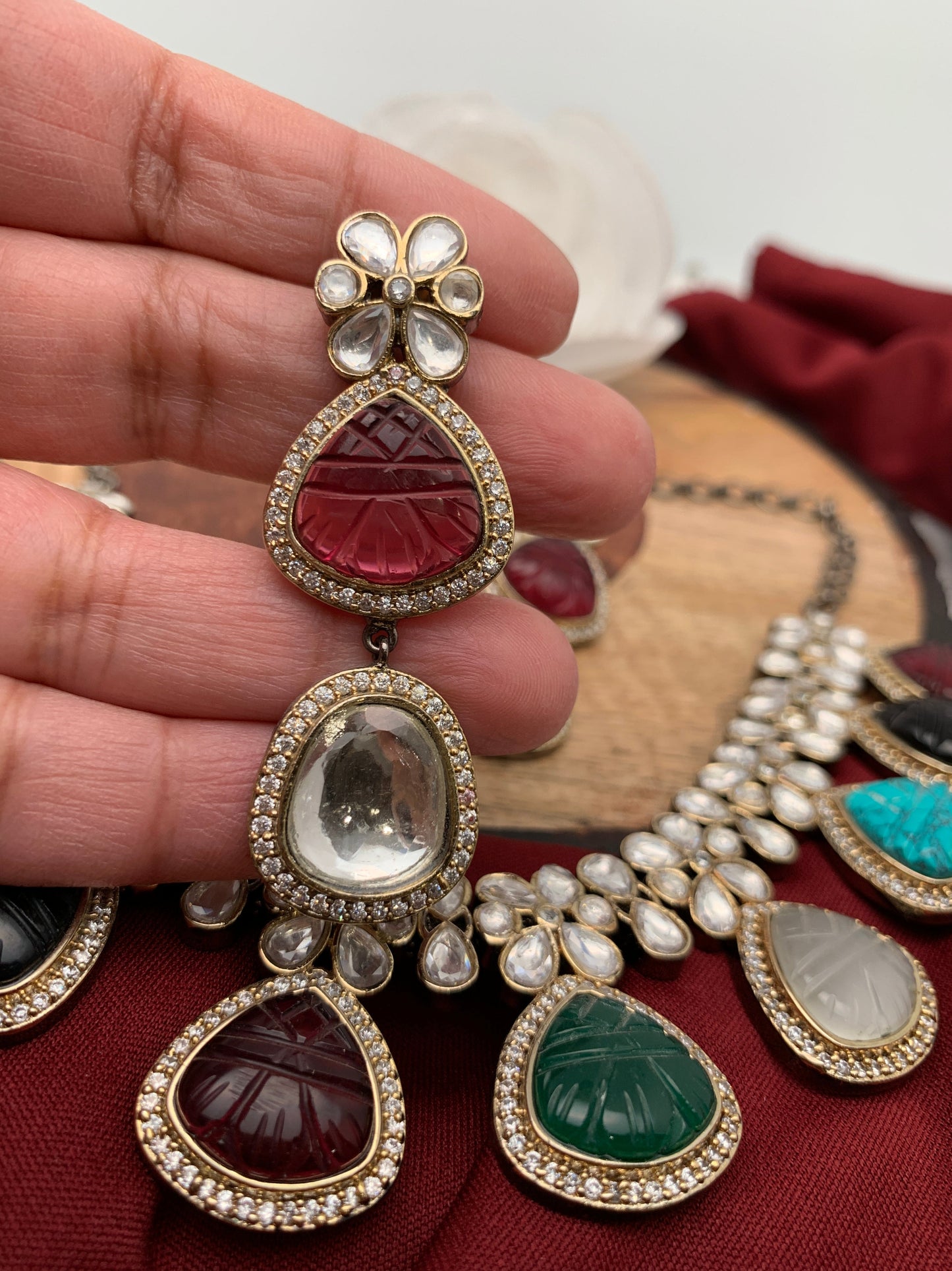 Kundan Multi Color Carved Stone Victorian Polish Necklace