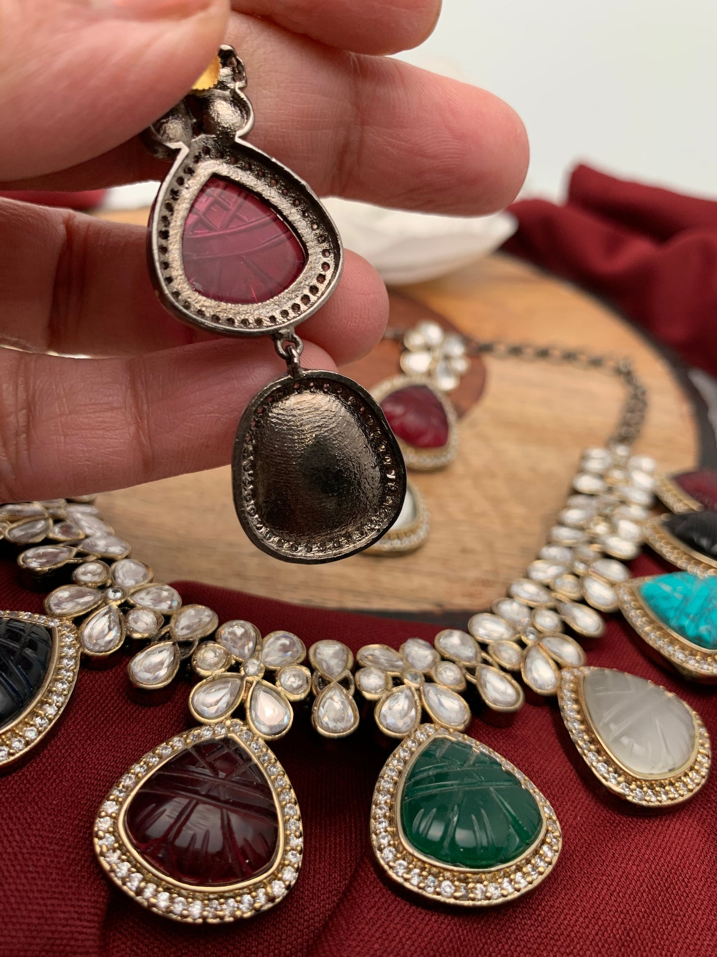 Kundan Multi Color Carved Stone Victorian Polish Necklace